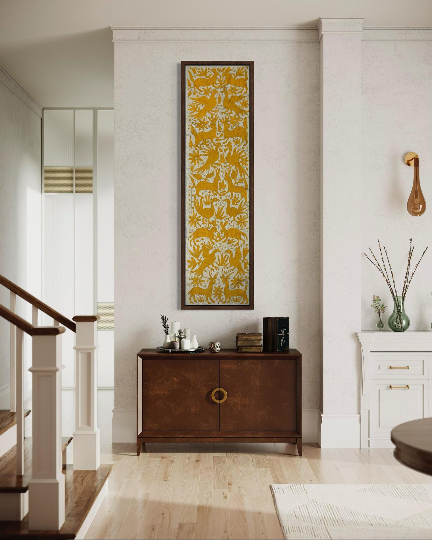 Gran Bordado Tenango Hecho a Mano en Color Amarillo, Camino de Mesa/Tapizado Otomi XXL 178 cm x 46 cm (SIN MARCO)