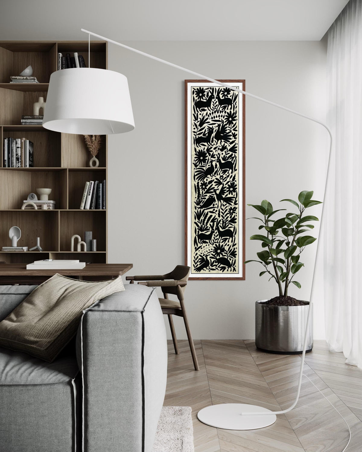 Enorme Bordado Tenango Hecho a Mano en  Color Negro-Tapiz o Camino de Mesa Otomi en Formato Vertical XXL 192 cm x 49 cm-Arte Mexicano