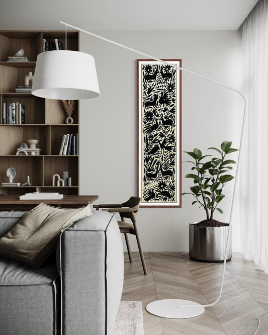 Enorme Bordado Tenango Hecho a Mano en  Color Negro-Tapiz o Camino de Mesa Otomi en Formato Vertical XXL 192 cm x 49 cm-Arte Mexicano