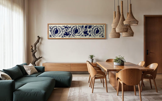 Bordado Tenango Hecho a Mano en Color Azul Marino, Tapizado Otomi XXL de 190 x 45 cm-Arte Mexicano (SIN MARCO)-Aves Pavoreales