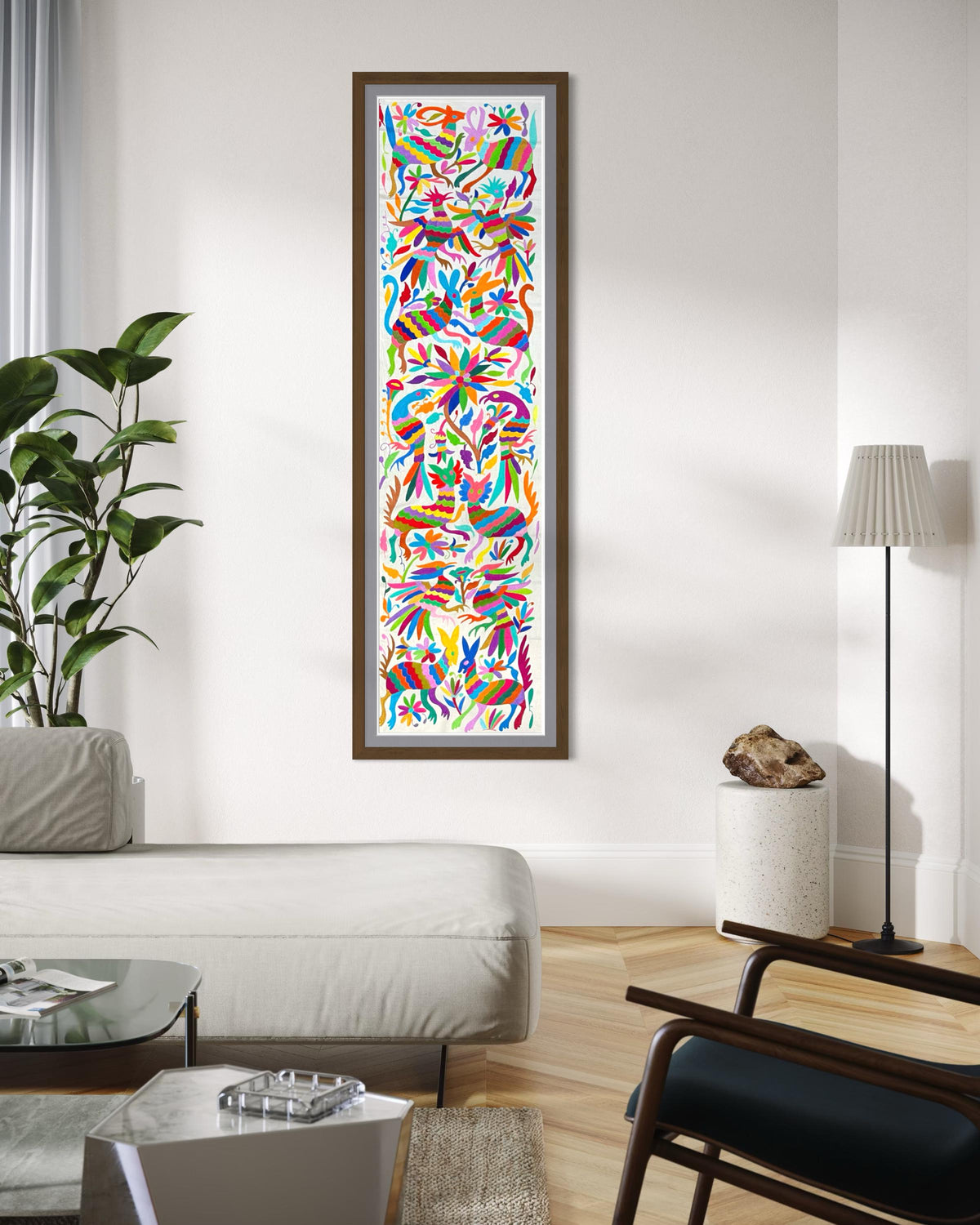 Bordado Tenango Hecho a Mano-Textil Otomi XXL 192 cm x 43 cm-Arte Mexicano en Multicolor en Forma Vertical (SIN MARCO)