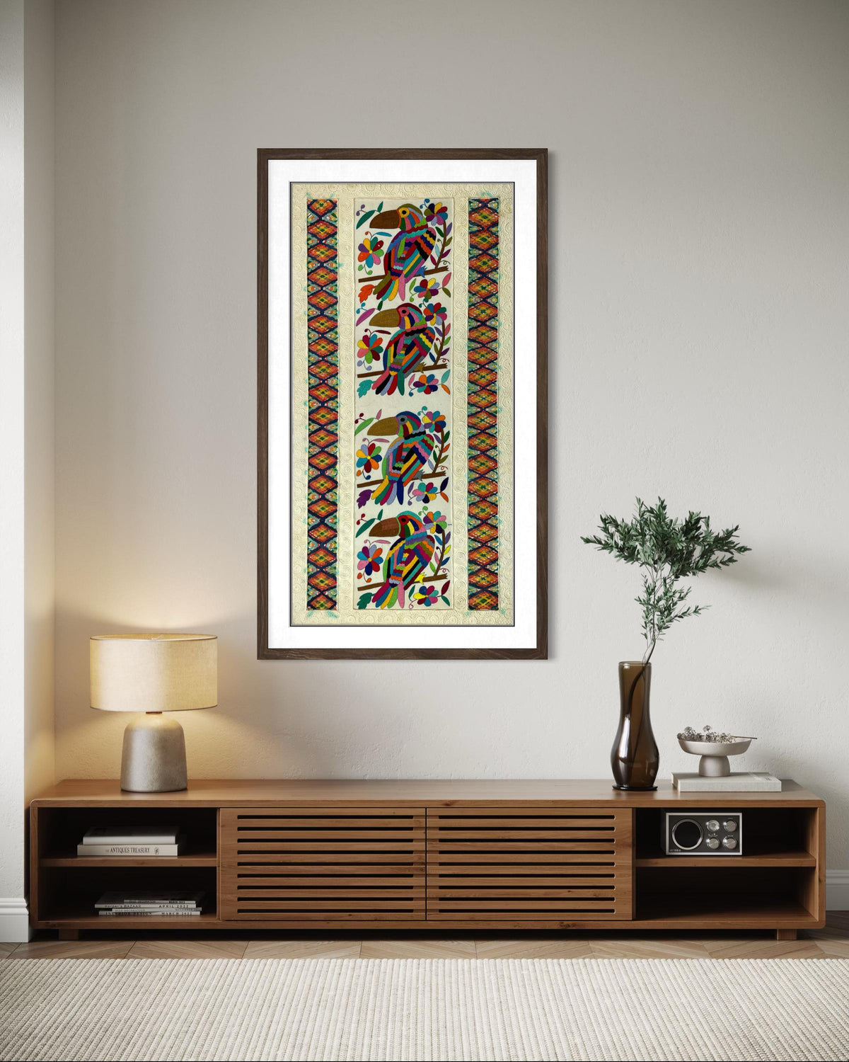 Arte Mural Mexicano en Papel Amate  y Bordado Tenango Hecho a Mano-Arte Otomi Moderno Teñido XXL 42.7 in x 23.6 in (SIN MARCO)