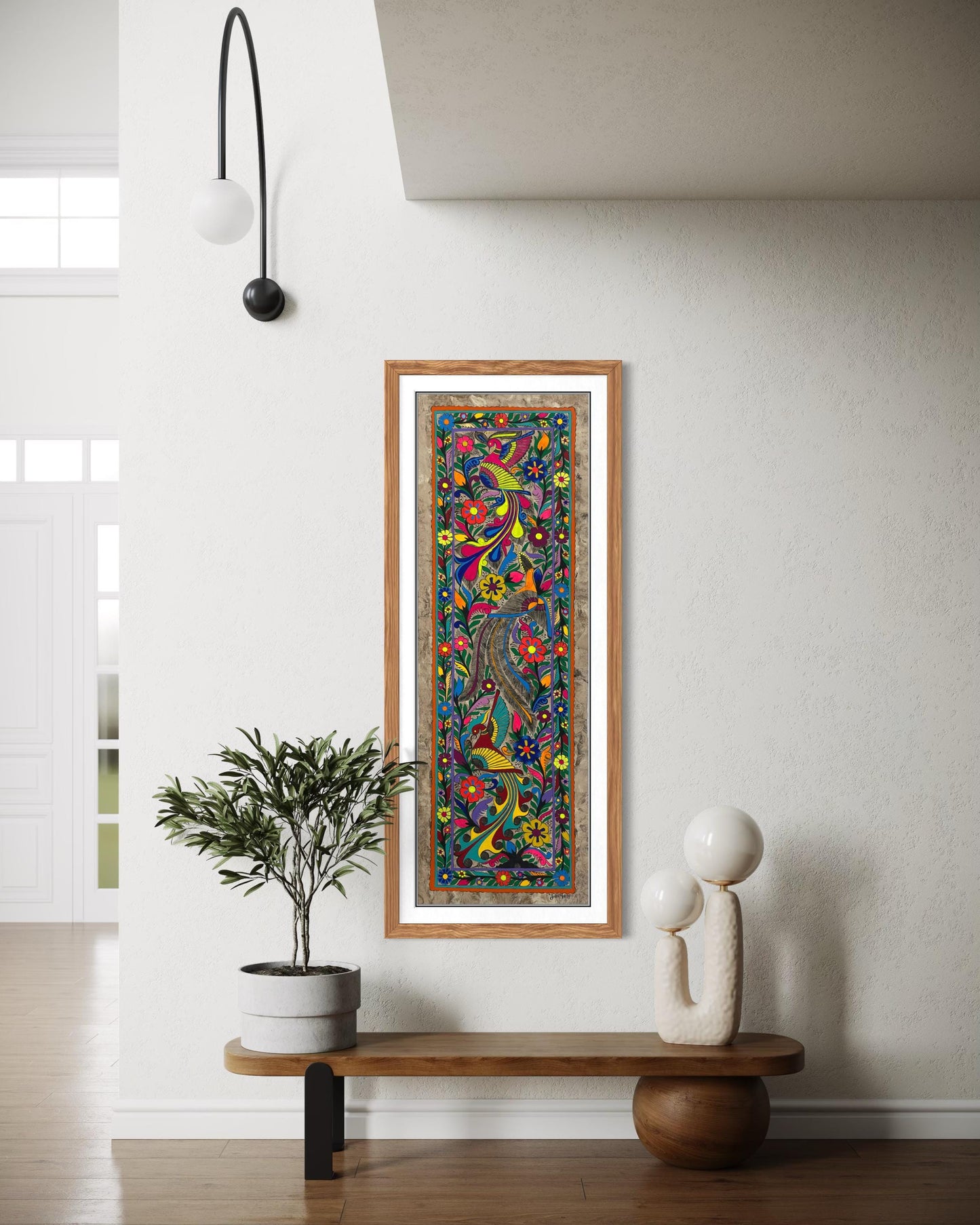 Arte Mexicano de Aves Exóticas sobre Papel Amate, Pintura Hecha a Mano, Decoración de Pared de Lujo/Obra Original 120 cm x 40 cm (Sin Marco)
