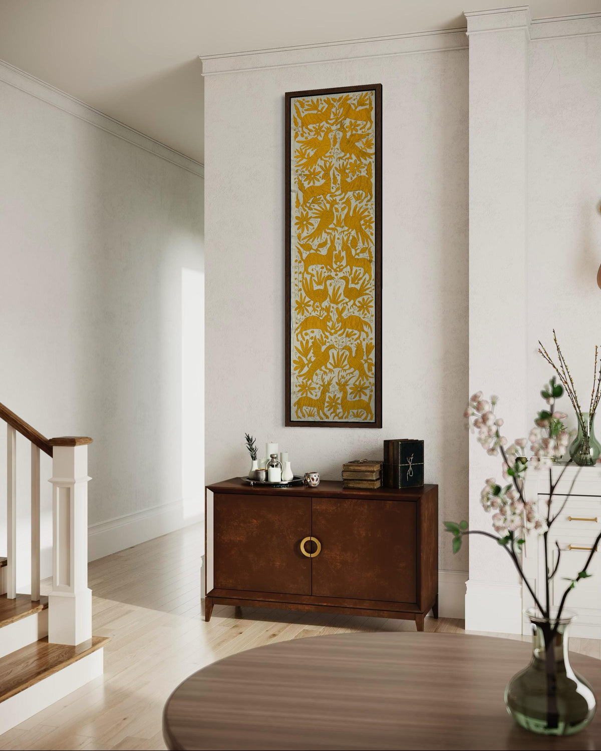 Bordado Tenango Hecho a Mano en Color Amarillo, Camino de Mesa/Tapizado Otomi XXL 178 cm x 46 cm