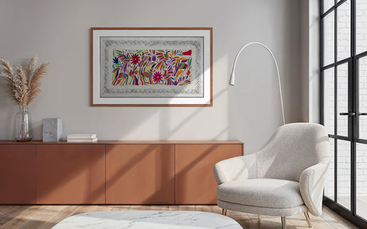 Enorme Arte Mural Mexicano en Papel Amate y Bordado Tenango Hecho a Mano-Arte Otomí Decorativo Moderno XXL 47.2 in x 27.5 in (SIN MARCO)