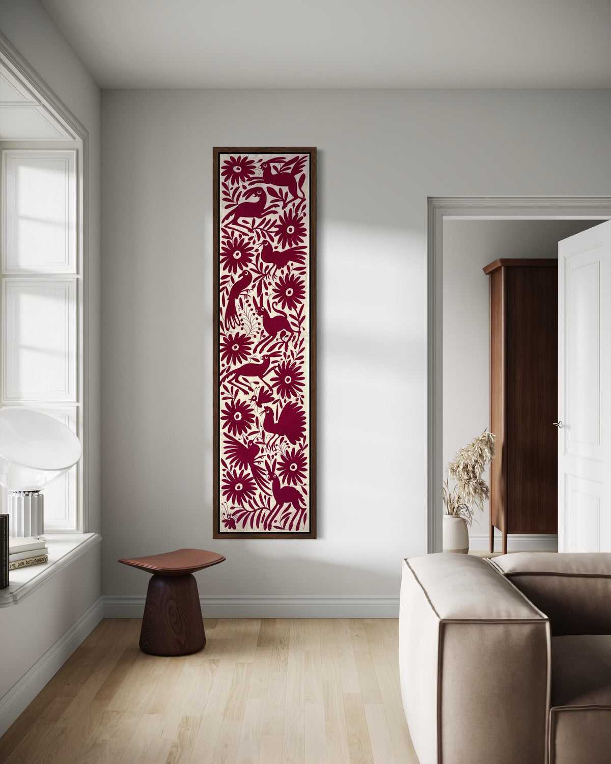 Enorme Bordado Tenango Hecho a Mano en Color Rosa-Camino de Mesa Otomí, Tapizado Tenango XXL 190 cm x 42 cm  (SIN MARCO)