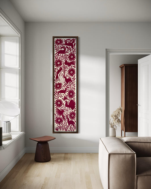 Enorme Bordado Tenango Hecho a Mano en Color Rosa-Camino de Mesa Otomí, Tapizado Tenango XXL 190 cm x 42 cm  (SIN MARCO)