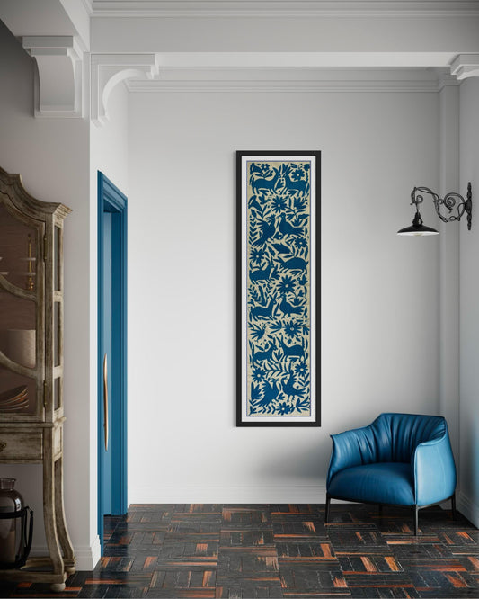 Enorme Bordado Otomi Hecho a Mano en Color Azul Turquesa, Textil Mexicano/Otomi en Formato Vertical XXL 189 cm x 43 cm