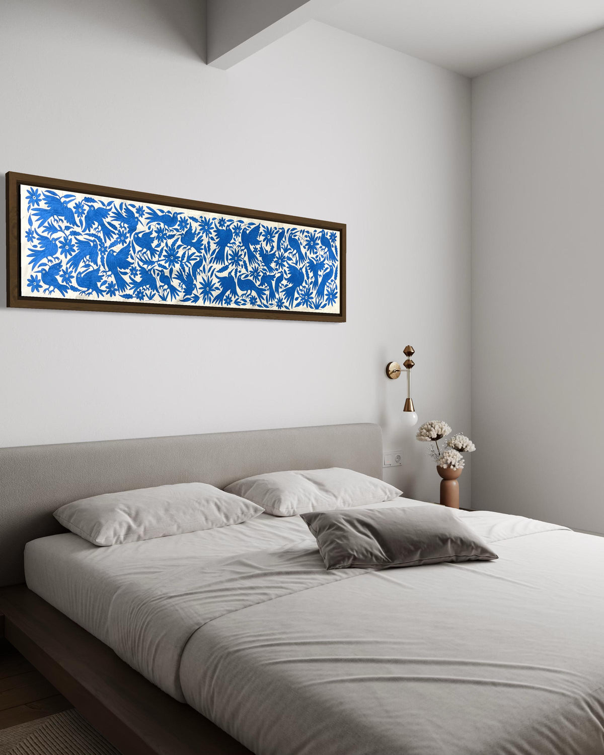 Bordado Tenango Hecho a Mano en Color Azul, Tapizado Otomi Horizontal, Textil Mexicano XXL 189 cm x 44 cm (SIN MARCO) Flores y Pájaros