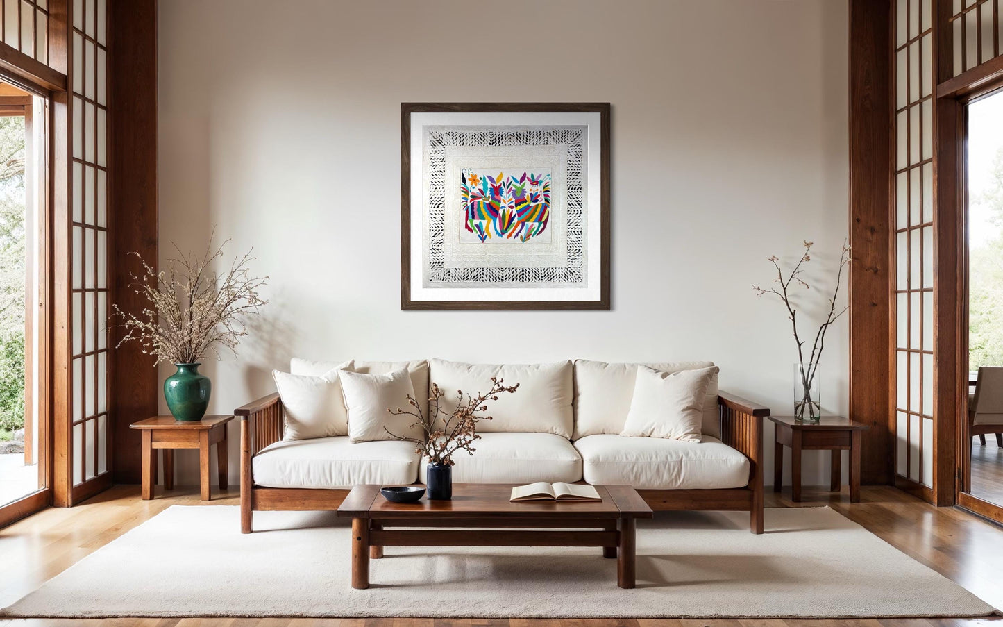 Arte Mural Mexicano Moderno en Papel Amate Y Bordado Tenango Hecho a Mano XL de 28 inx 28 in (SIN MARCO)