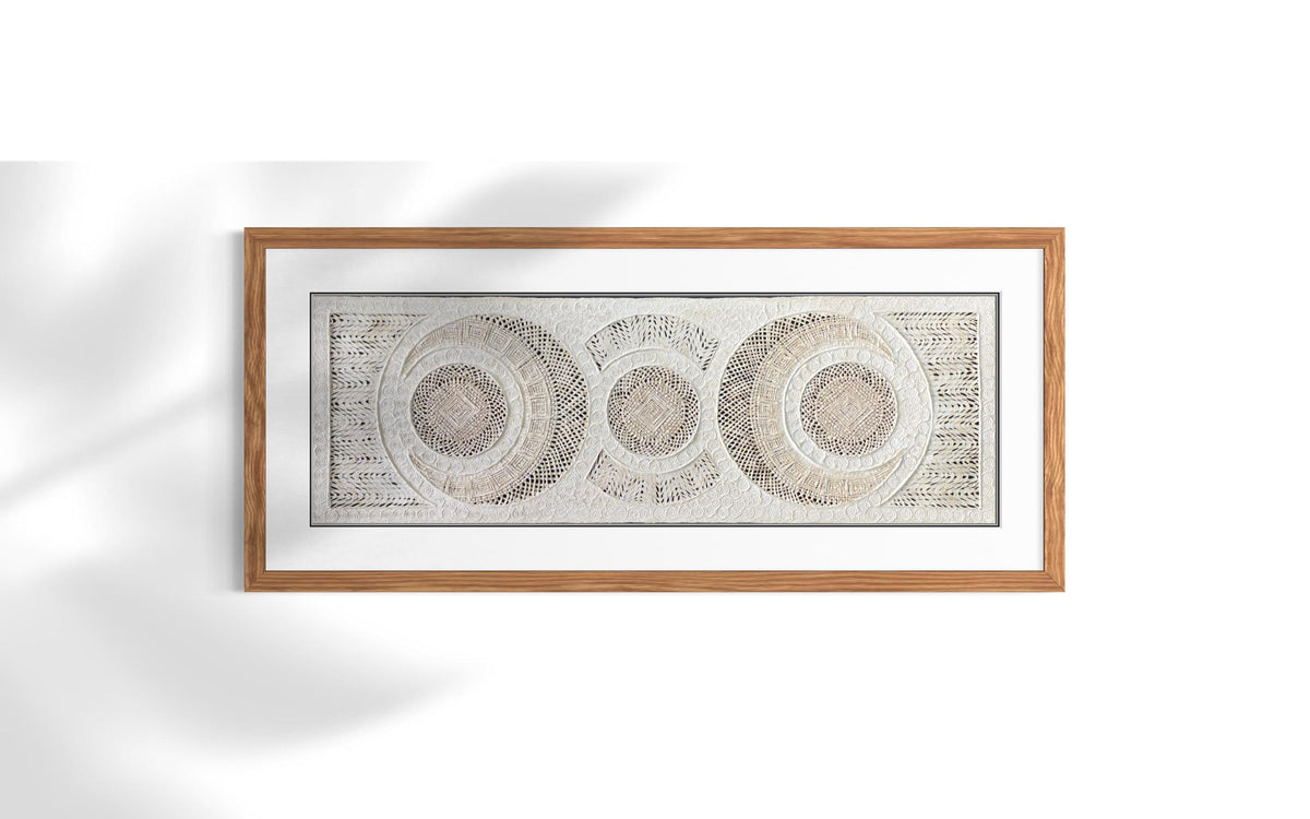 Arte Mural Mexicano Hecho a Mano de Papel Amate–Arte Mexicano Moderno, 47.2 x 15.7 in (SIN MARCO) Tejido de Eclipses y Círculos