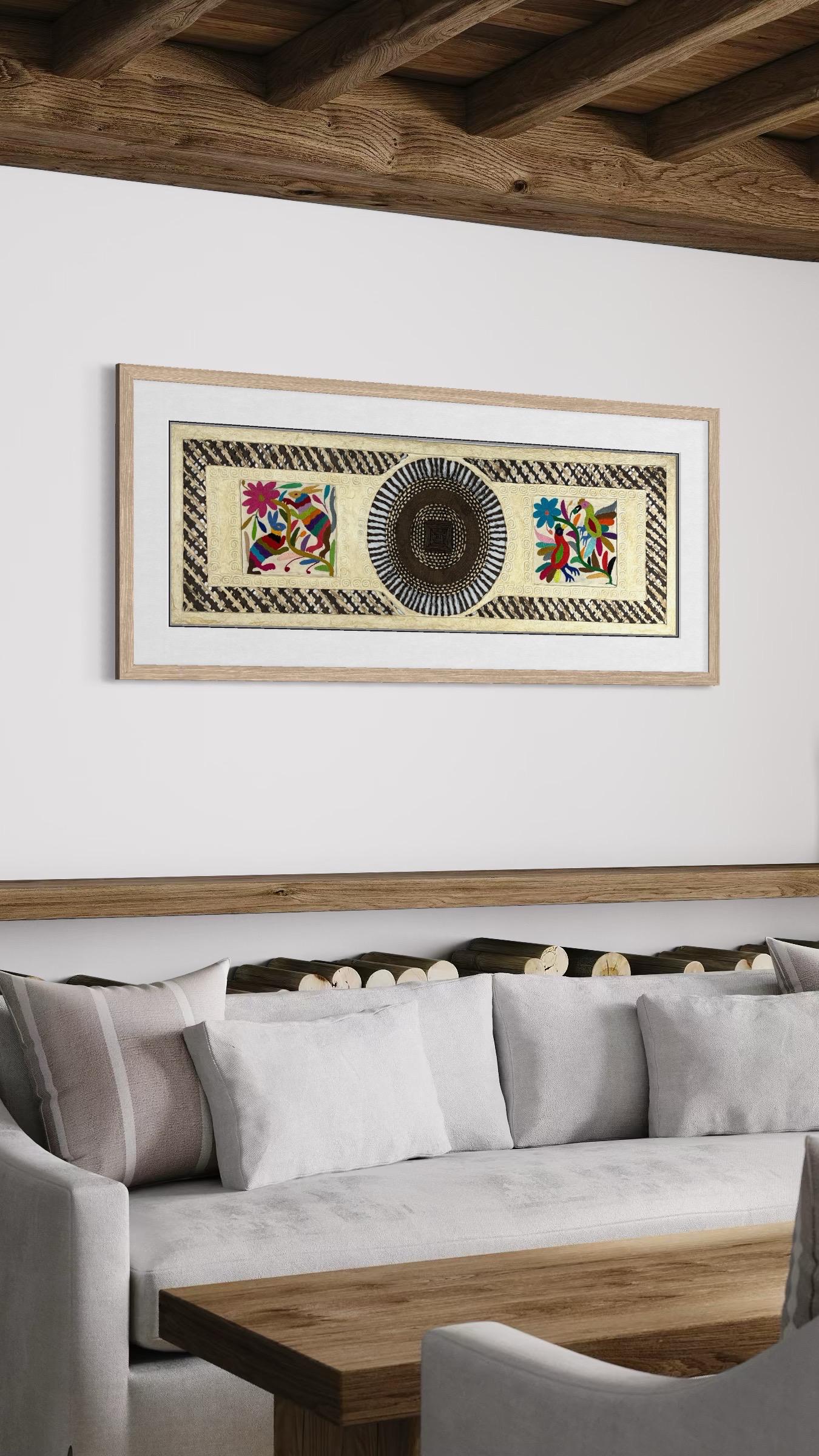 Arte Mural Mexicano en Papel Amate con Bordado de Tenango Hecho a Mano- 120 cm x 40 cm-Arte Bordado Otomí Moderno (SIN MARCO)