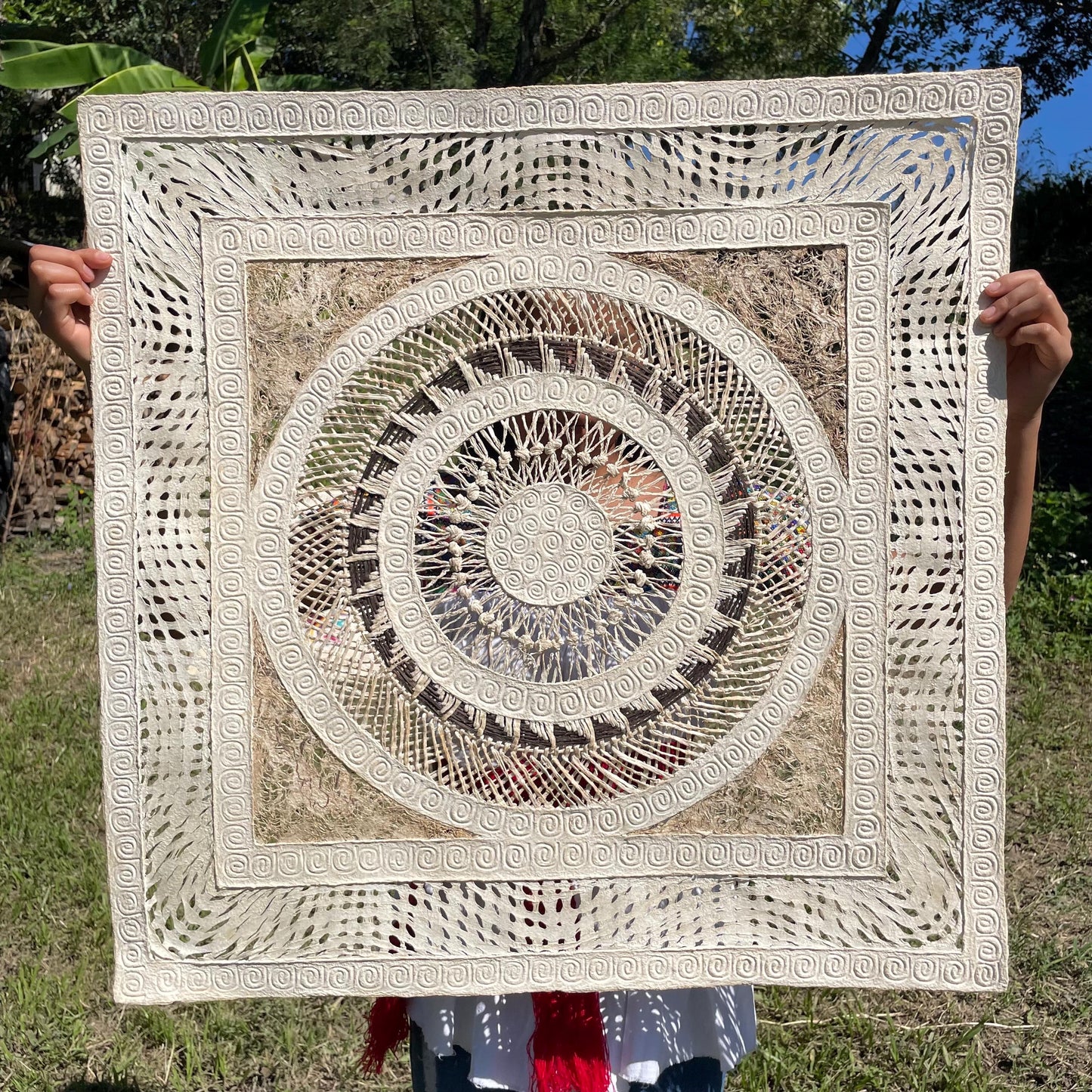 Arte Mural Mexicano en Papel Amate Hecho a Mano,Arte Otomi Tejido a Mano, XL 28 in x 28 in, Cuadro de Fibras Naturales (SIN MARCO)