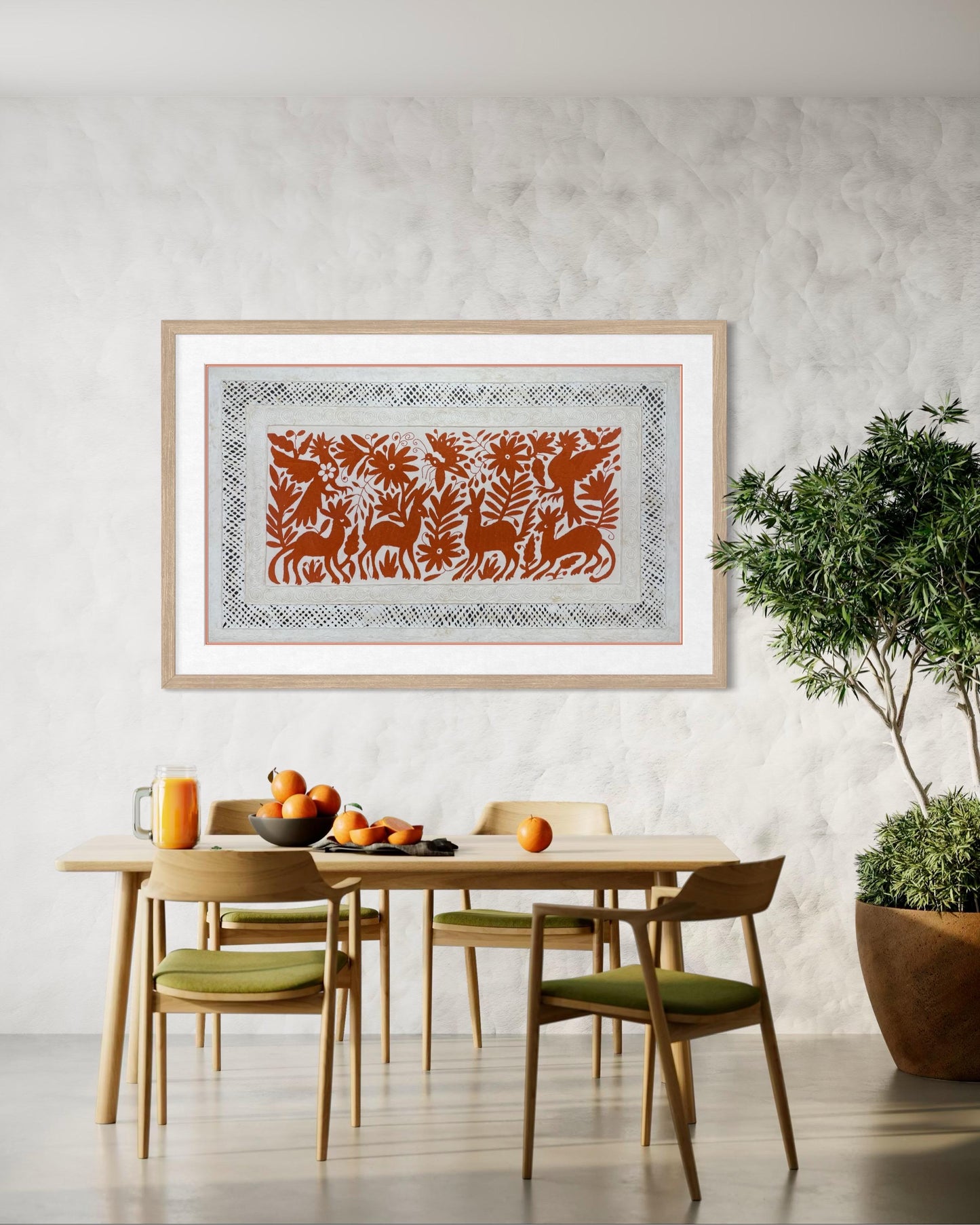 Enorme Arte Mural Mexicano en Papel Amate y Bordado Tenango Hecho a Mano-Arte Otomi Moderno Color Ladrillo XXL 47.2 in x 27.5 in (SIN MARCO)