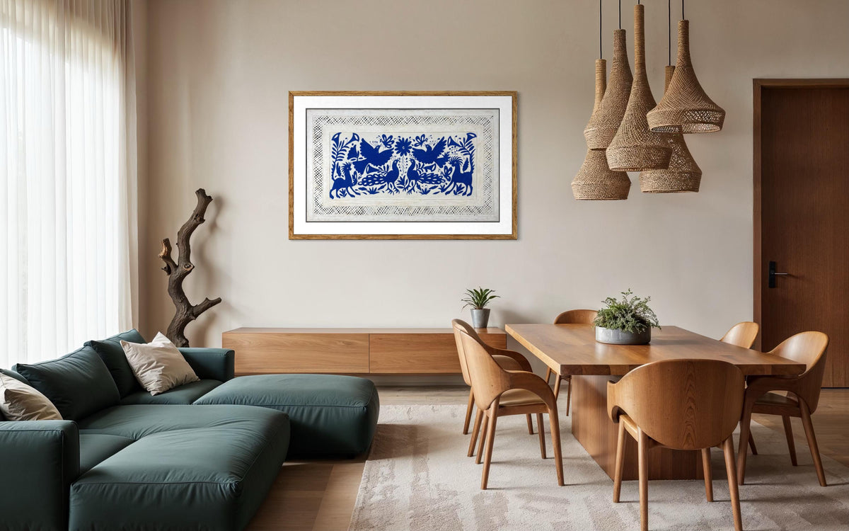 Arte Mural Mexicano en Papel Amate con Bordado Tenango Hecho a Mano, Color Azul XXL 47.2 in X 27.5 in (SIN MARCO)