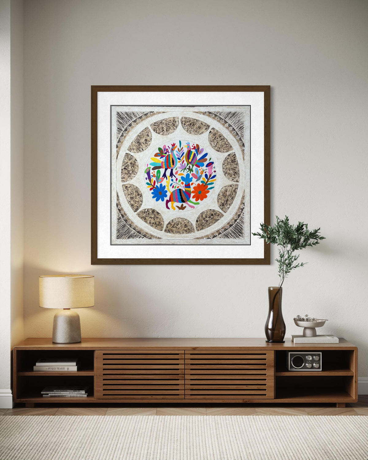 Arte Mural Mexicano Moderno en Papel Amate Hecho a Mano con Bordado Tenango XL de 31.4 in x 31.4 Pulgadas-Arte Otomi Moderno (SIN MARCO)