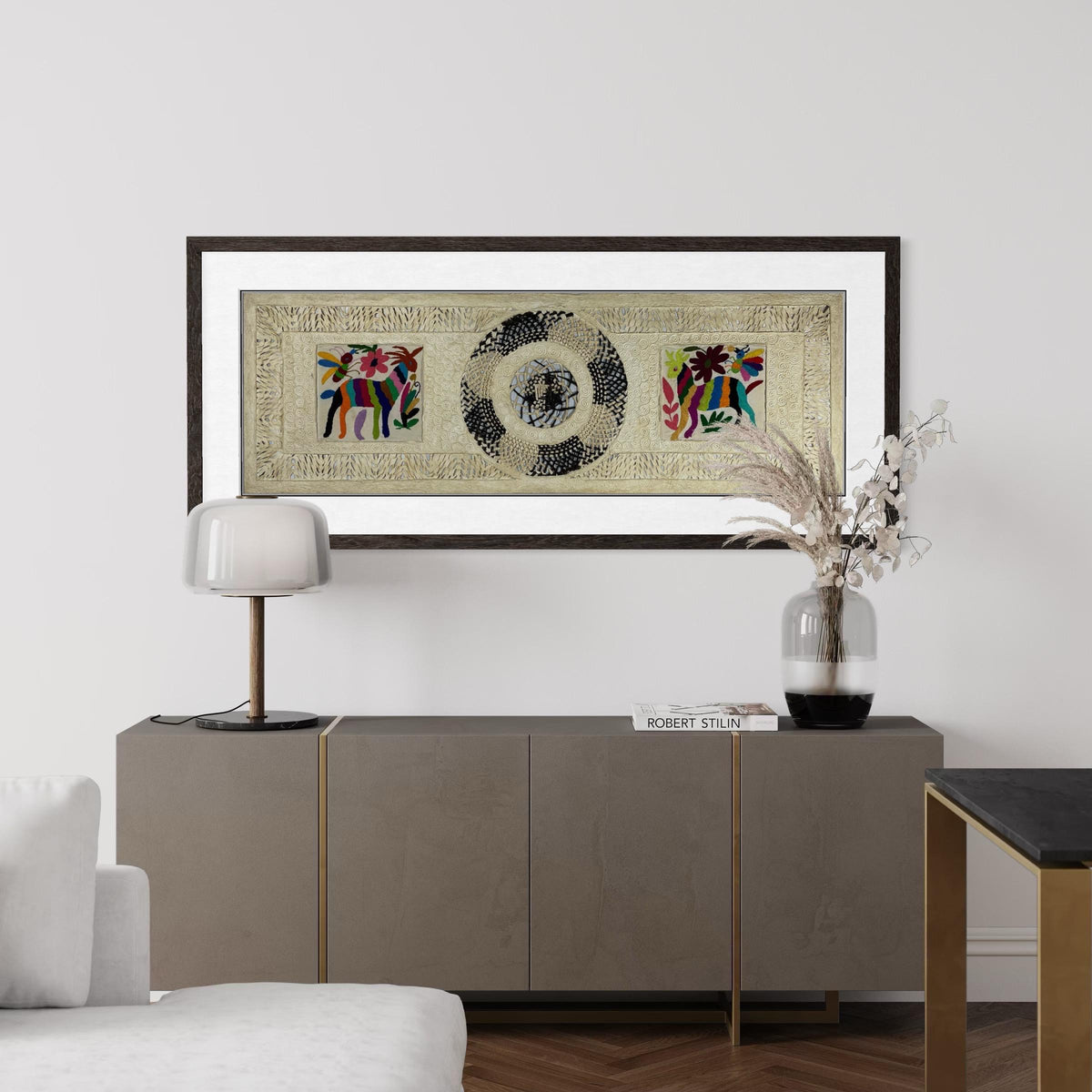 Arte Mural Mexicano en Papel Amate con Bordado de Tenango Hecho a Mano- 120 cm x 40 cm-Arte Bordado Otomí Moderno (SIN MARCO)
