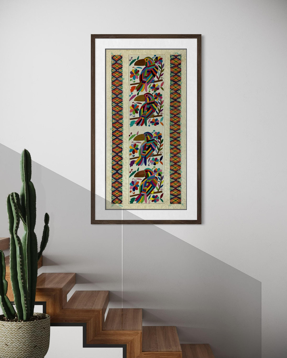 Arte Mural Mexicano en Papel Amate  y Bordado Tenango Hecho a Mano-Arte Otomi Moderno Teñido XXL 42.7 in x 23.6 in (SIN MARCO)