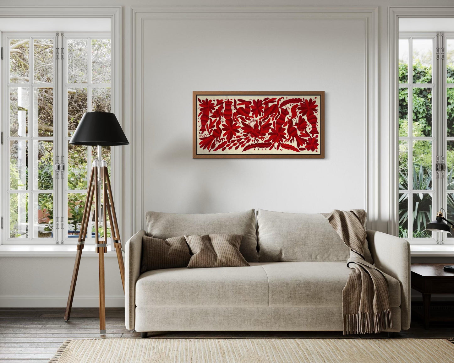 Bordado Tenango Hecho a Mano,Tapizado Otomi Moderno en Tres Colores de Rojo Combinados, Textil Mexicano XL 95 cm x 46 cm