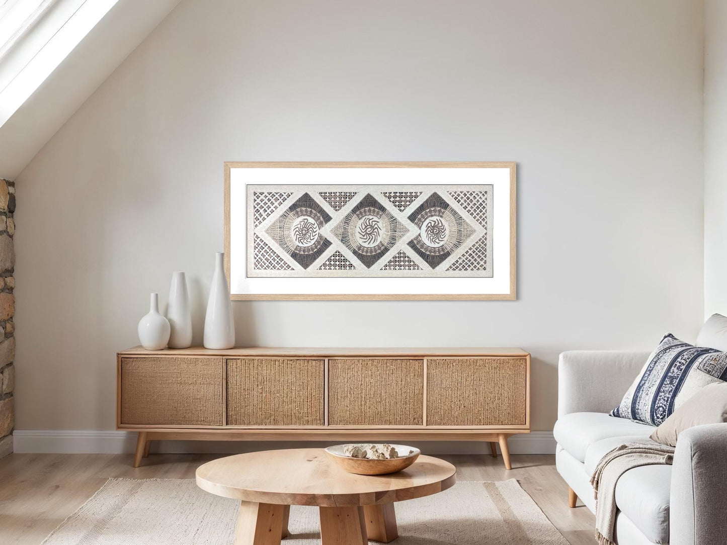 Arte Mural Mexicano en Papel Amate Hecho a Mano – Arte Mexicano Moderno de 47,2 x 15,7-3 Rombos (SIN MARCO)