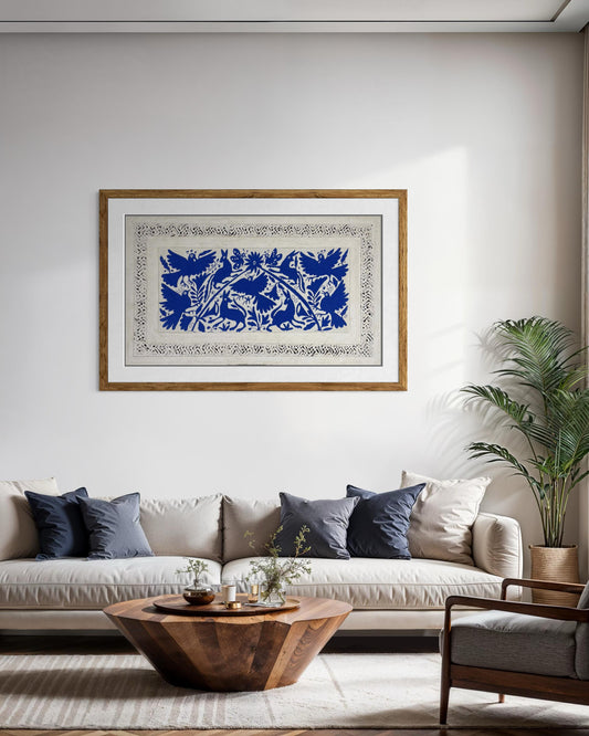 Enorme Arte Mural Mexicano en Papel Amate con Bordado Tenango Hecho A Mano Color Azul XXL 120 cm x 70 cm (SIN MARCO)