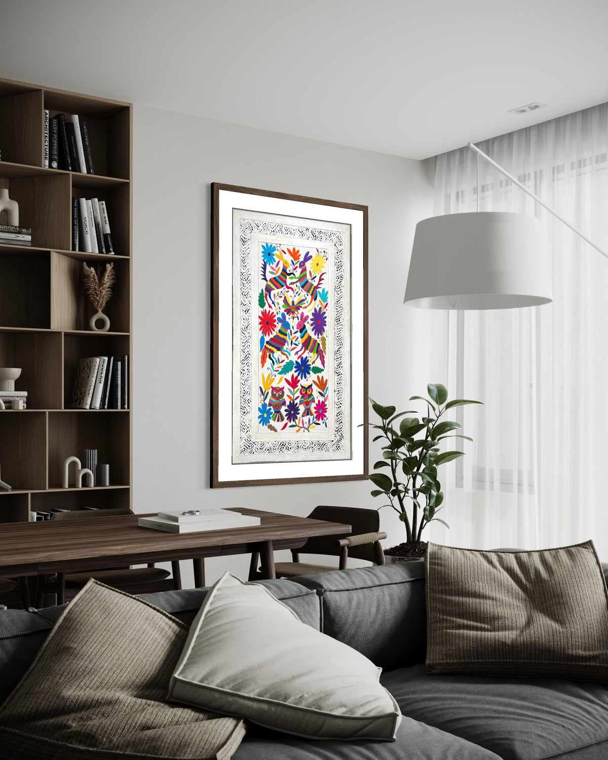 Enorme Arte Mural Mexicano en Papel Amate y Bordado Tenango Hecho a Mano-Arte Otomi Moderno XXL 47.2 in x 27.5 in (SIN MARCO)