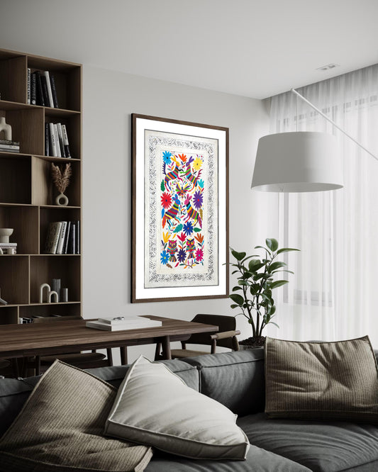Enorme Arte Mural Mexicano en Papel Amate y Bordado Tenango Hecho a Mano-Arte Otomi Moderno XXL 47.2 in x 27.5 in (SIN MARCO)