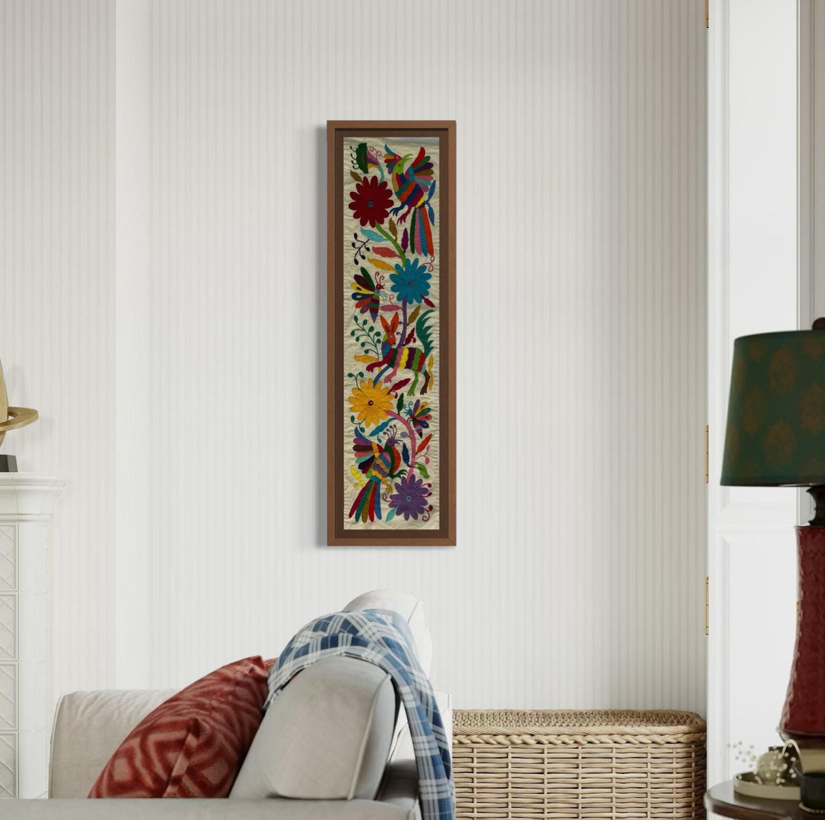 Bordado Tenango Hecho a Mano-Bordado Otomí XL 95 cm x 24 cm-Arte Mexicano en Multicolor de Forma Vertical (SIN MARCO)