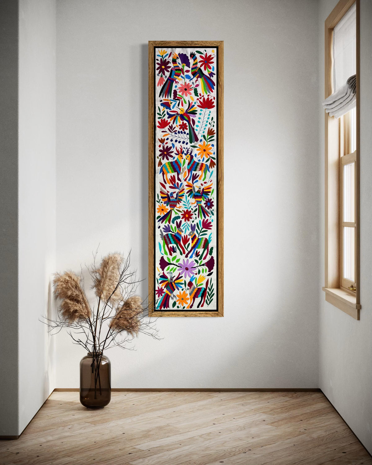 Enorme Bordado Tenango Hecho a Mano en Multicolor-Bordado Otomi en Vertical XXL 75.1  x 17.7 in