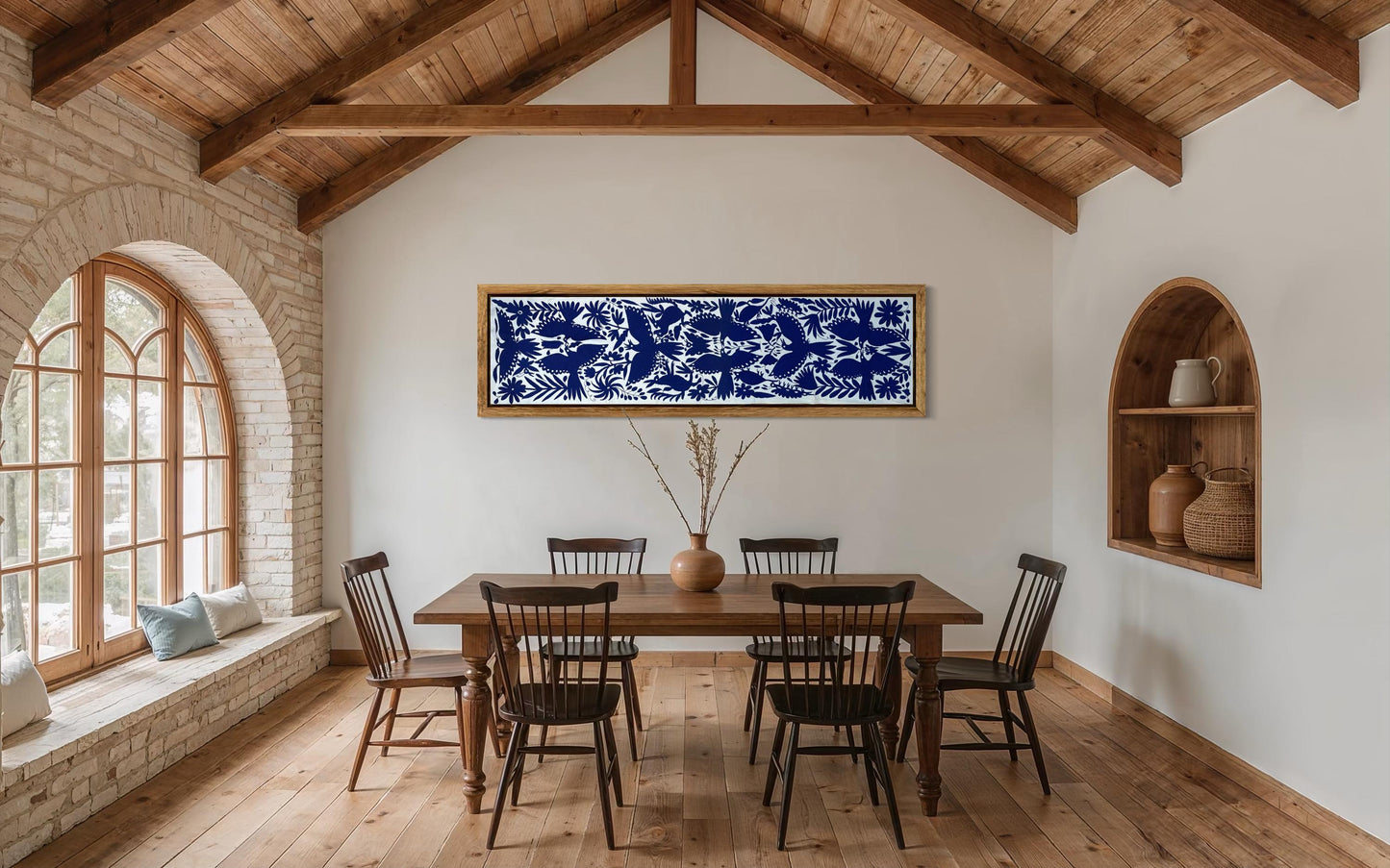 Enorme Bordado Tenango Hecho a Mano en Color Azul-Tapizado Otomi XXL 189 cm x 43 cm (SIN MARCO)