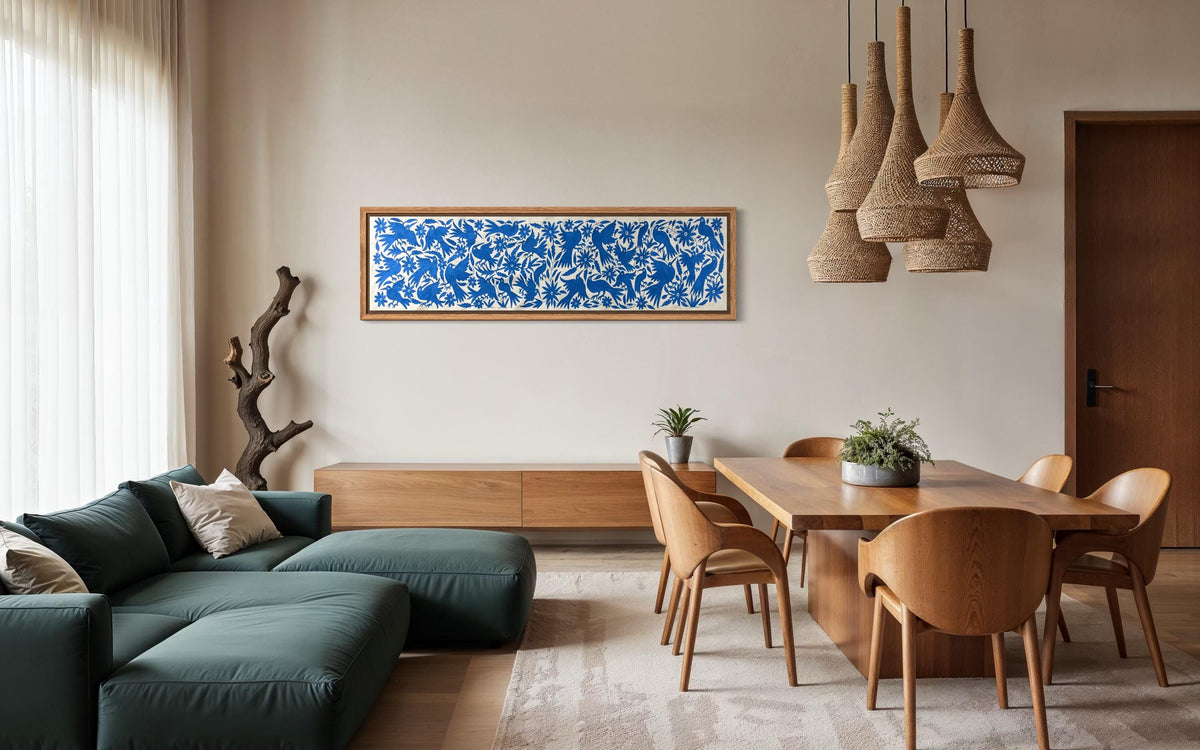 Bordado Tenango Hecho a Mano en Color Azul, Tapizado Otomi Horizontal, Textil Mexicano XXL 189 cm x 44 cm (SIN MARCO) Flores y Pájaros