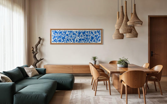 Bordado Tenango Hecho a Mano en Color Azul, Tapizado Otomi Horizontal, Textil Mexicano XXL 189 cm x 44 cm (SIN MARCO) Flores y Pájaros