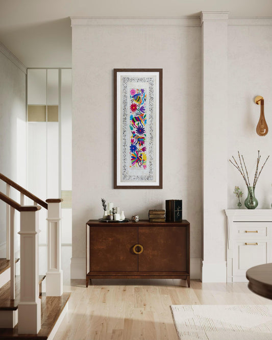 Arte Mural Mexicano en Papel Amate con Bordado de Tenango Hecho a Mano- 120 cm x 40 cm-Arte Bordado Otomí Moderno (SIN MARCO)