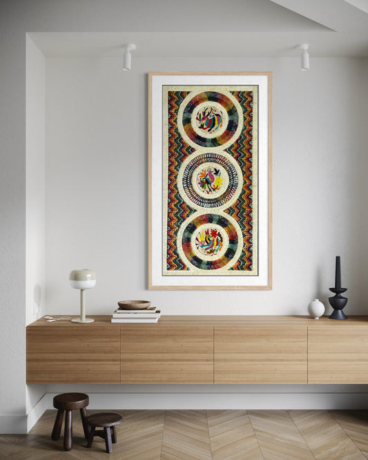 Arte Mural Mexicano en Papel Amat Teñido con Bordado Tenango Hecho A Mano-Arte Otomí Moderno XXL de 47.2 in X 23.6 in (SIN MARCO)