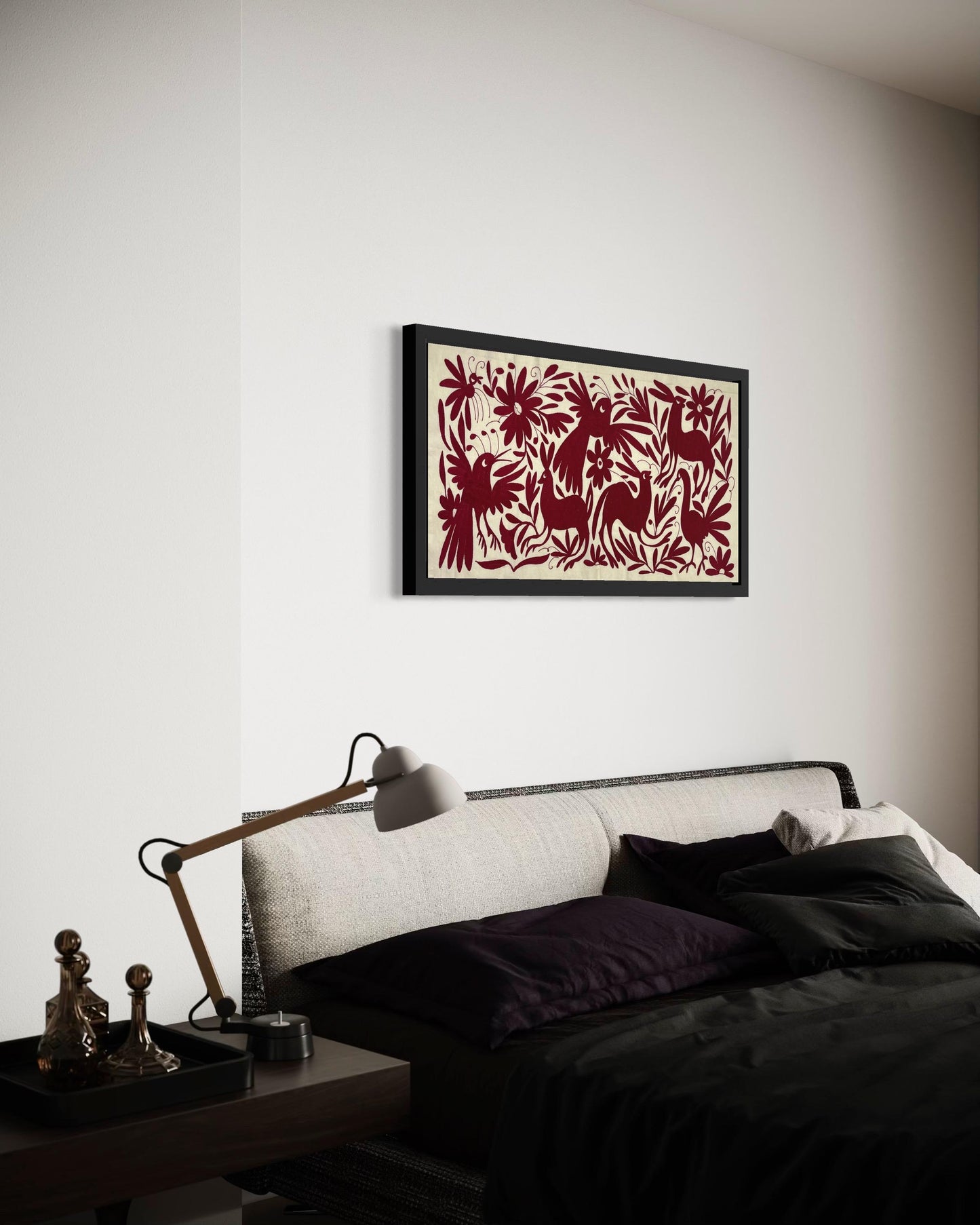 Bordado Tenango Hecho a Mano-Tapizado Otomí  en Color Vino XL 96 cm x 47 cm-Arte Mexicano Moderno (SIN MARCO)