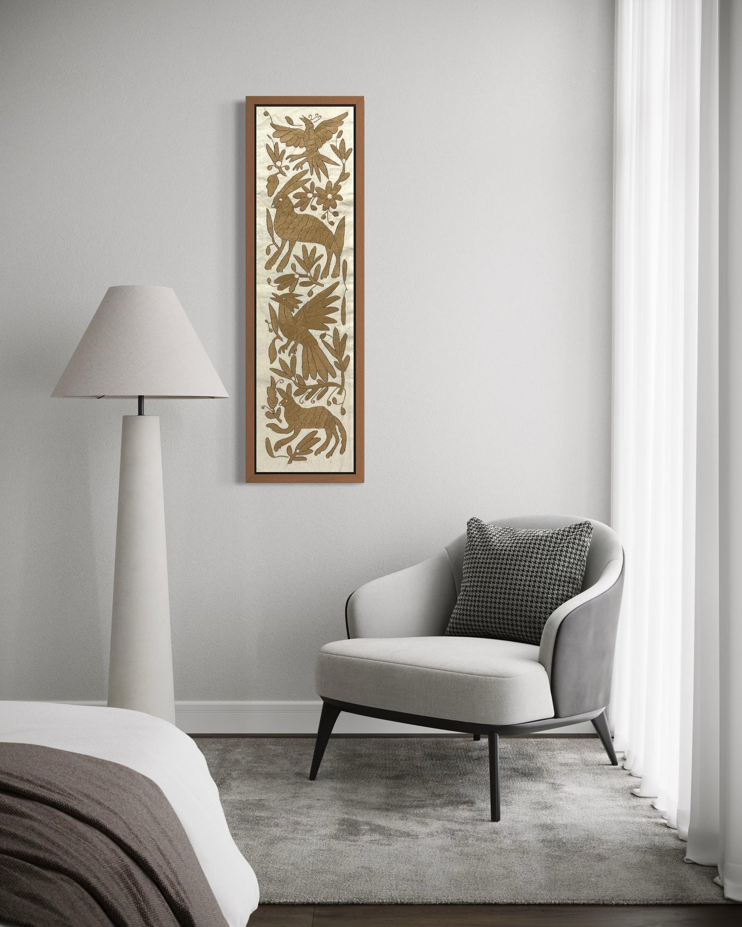 Bordado Tenango Hecho a Mano en Color Beige-Bordado Otomí XL 94 cm x 25 cm-Arte Mexicano de Forma Vertical (SIN MARCO)