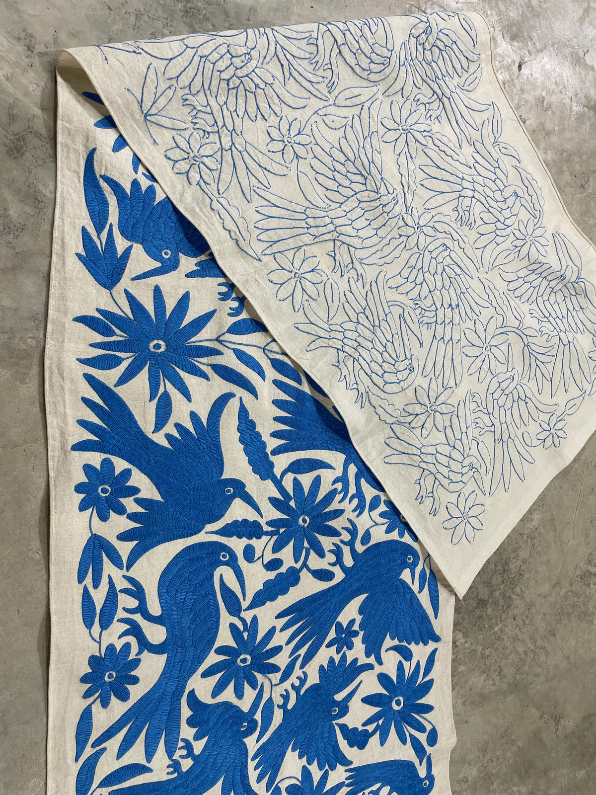 Bordado Tenango Hecho a Mano en Color Azul, Tapizado Otomi Horizontal, Textil Mexicano XXL 189 cm x 44 cm (SIN MARCO) Flores y Pájaros