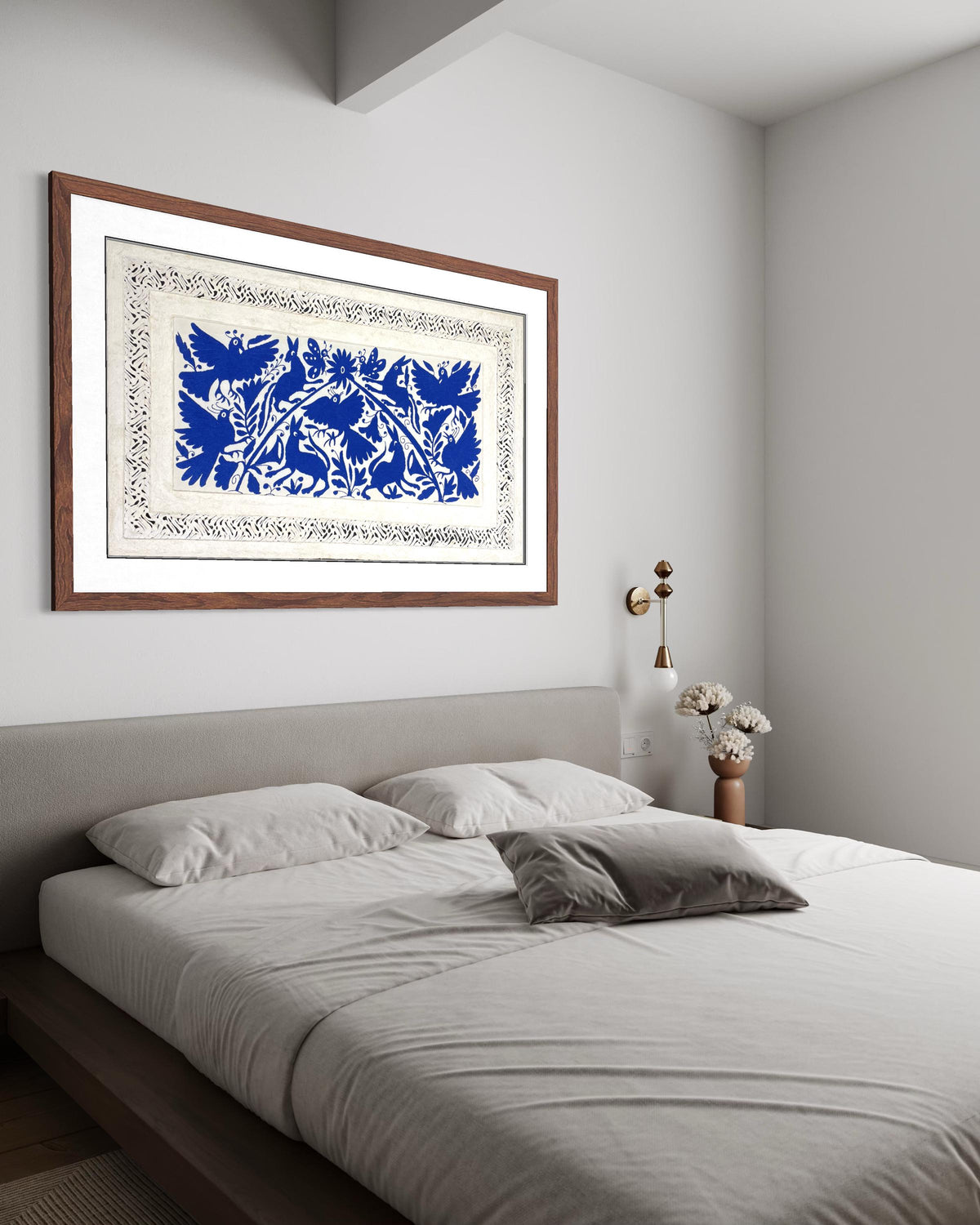 Enorme Arte Mural Mexicano en Papel Amate con Bordado Tenango Hecho A Mano Color Azul XXL 120 cm x 70 cm (SIN MARCO)