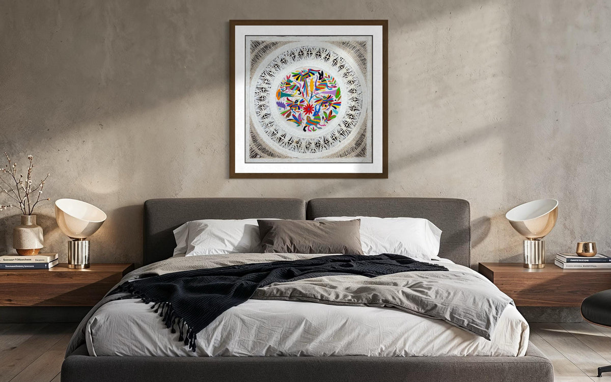 Arte Mural Mexicano en Papel Amate y Bordado Tenango Hecho a Mano-XL 31 x 31 Arte Otomí Moderno (SIN MARCO)