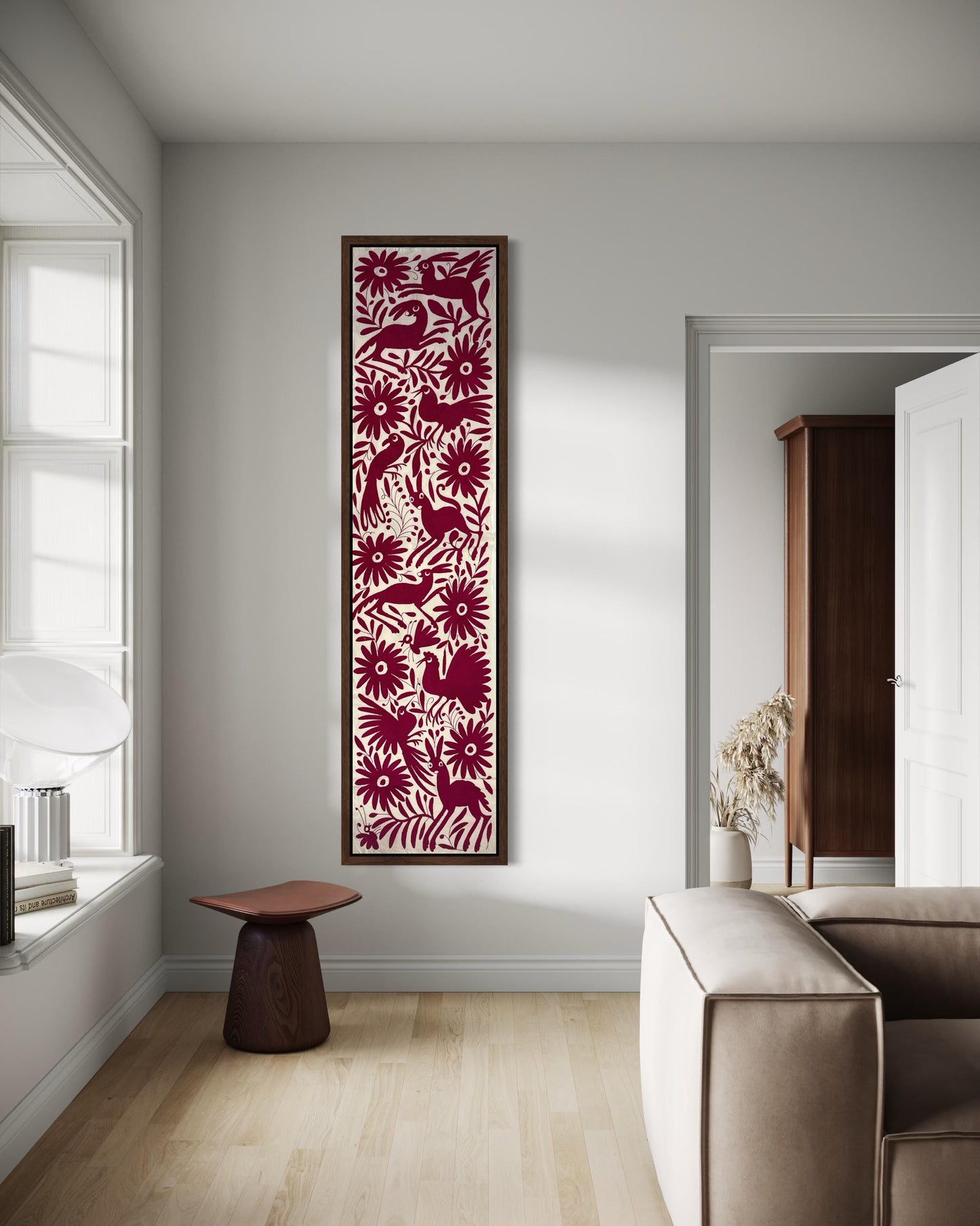 Enorme Bordado Tenango Hecho a Mano en Color Rosa-Camino de Mesa Otomí, Tapizado Tenango XXL 190 cm x 42 cm  (SIN MARCO)