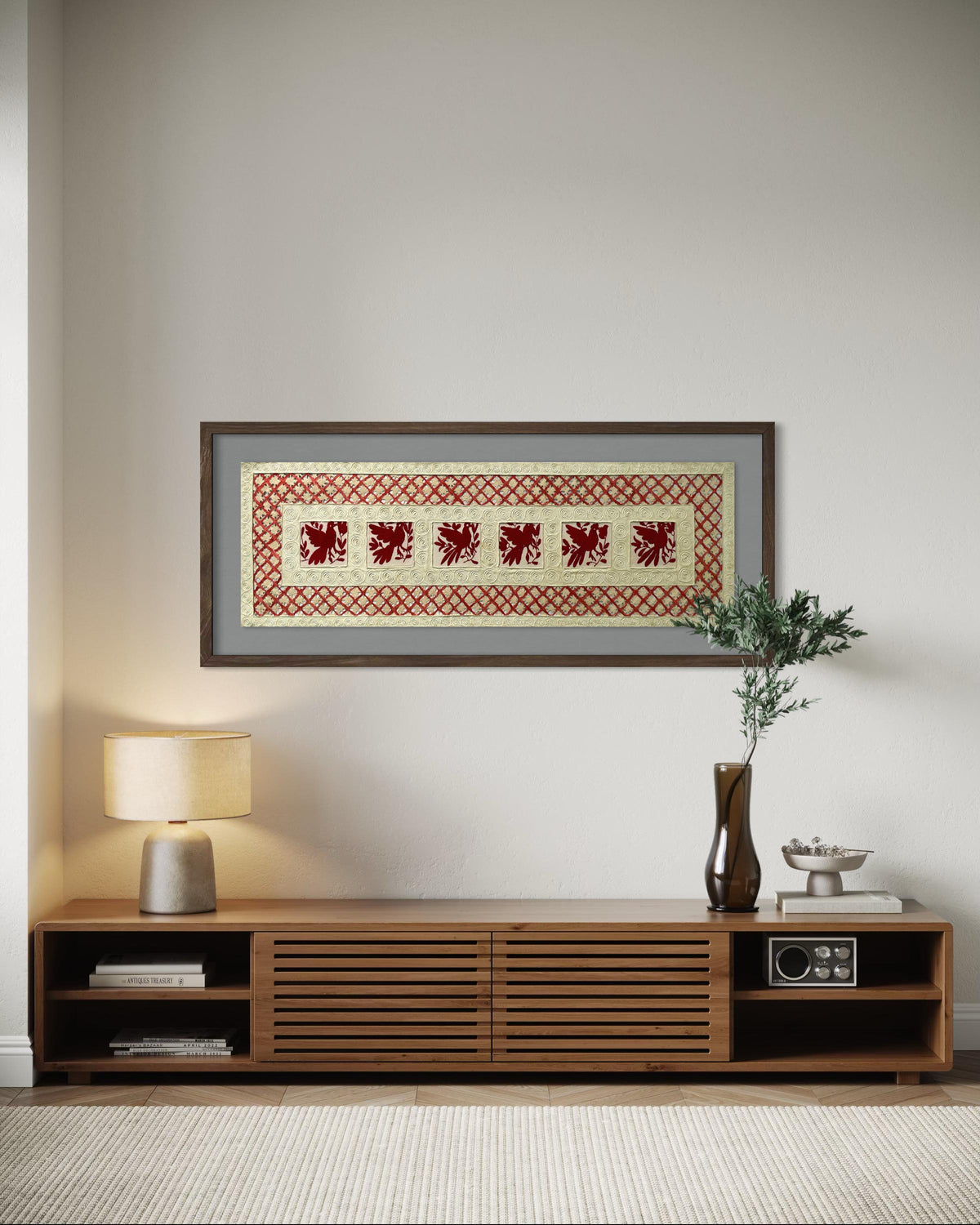 Arte Mural Mexicano Con Bordado Tenango y Papel Amate Hecho a Mano- 47,2 x 15,7 -Arte Otomí Teñido Color Rojo (SIN MARCO)