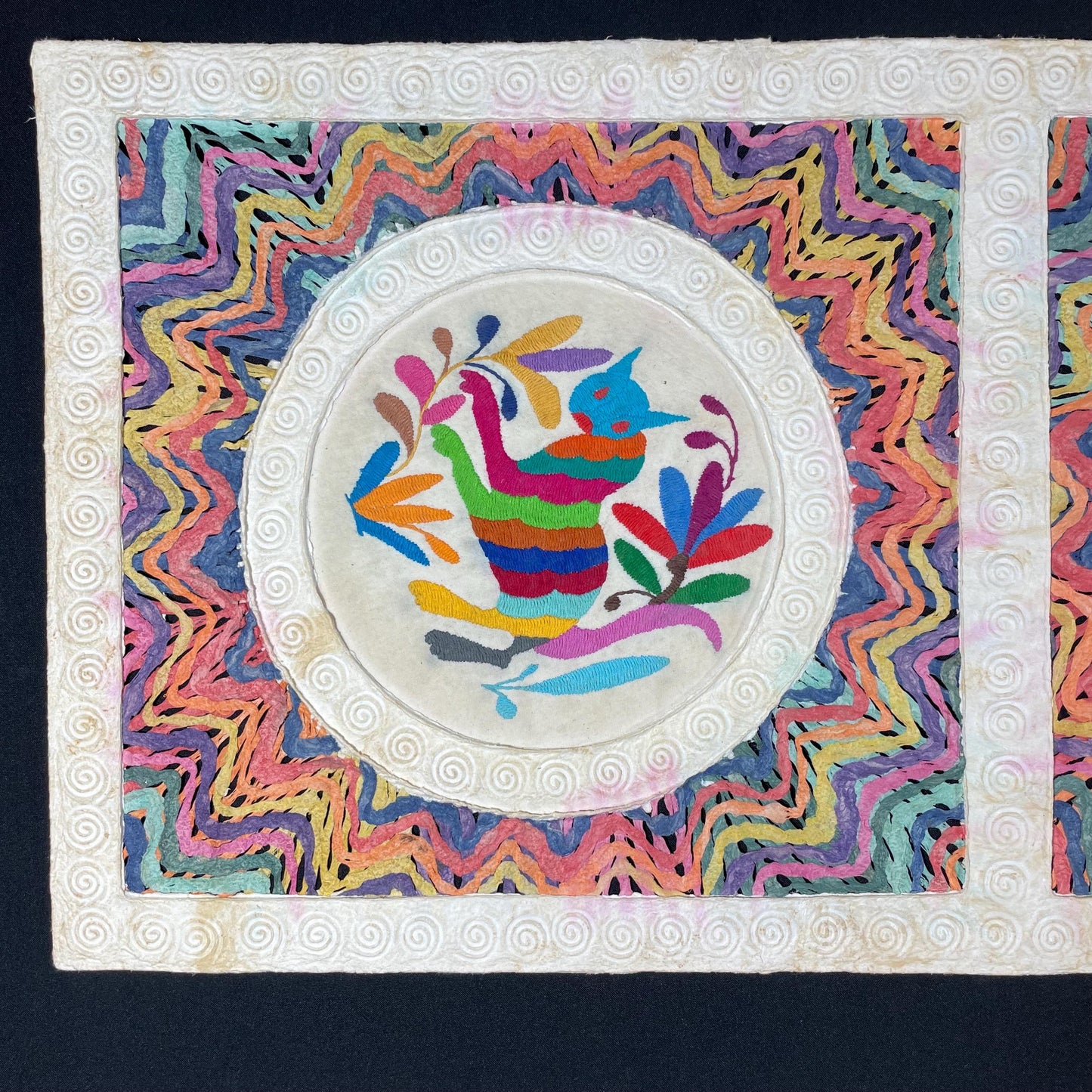 Arte Mural Mexicano Con Bordado Tenango y Papel Amate Hecho a Mano- 47,2 x 15,7 -Arte Otomí Teñido (SIN MARCO)