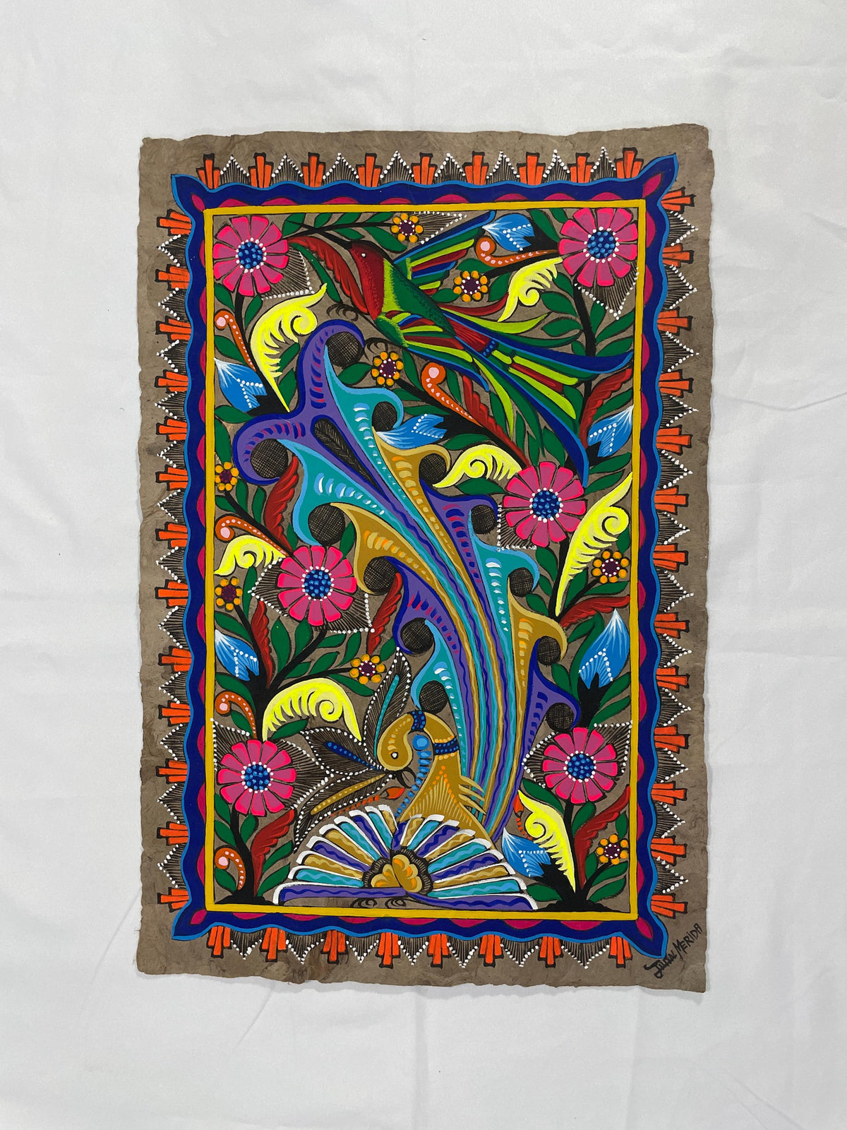 Papel Amate Mexicano Hecho a Mano,Arte Original de Ave Majestuosa y Flores Vibrantes,Obra Única de Colección, 40 cm x 60 cm (Sin Marco)