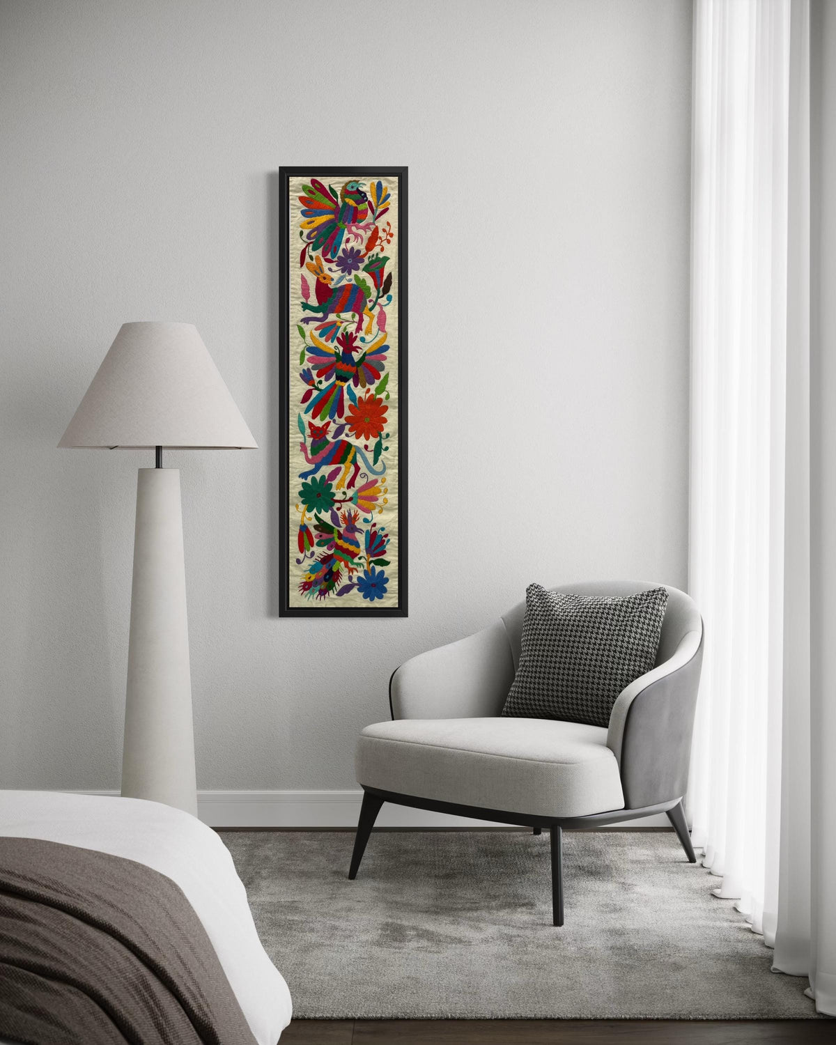Bordado Tenango Hecho a Mano-Bordado Otomí XL 95 cm x 24 cm-Arte Mexicano en Multicolor de Forma Vertical (SIN MARCO)