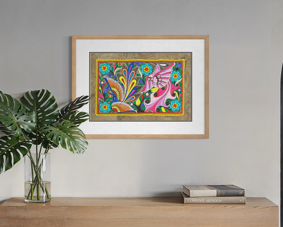 Pintura Tradicional Mexicana sobre Papel Amate Hecho a Mano, Arte Otomi Original con Aves y Flores, Obra Única de Colección (Sin Marco)