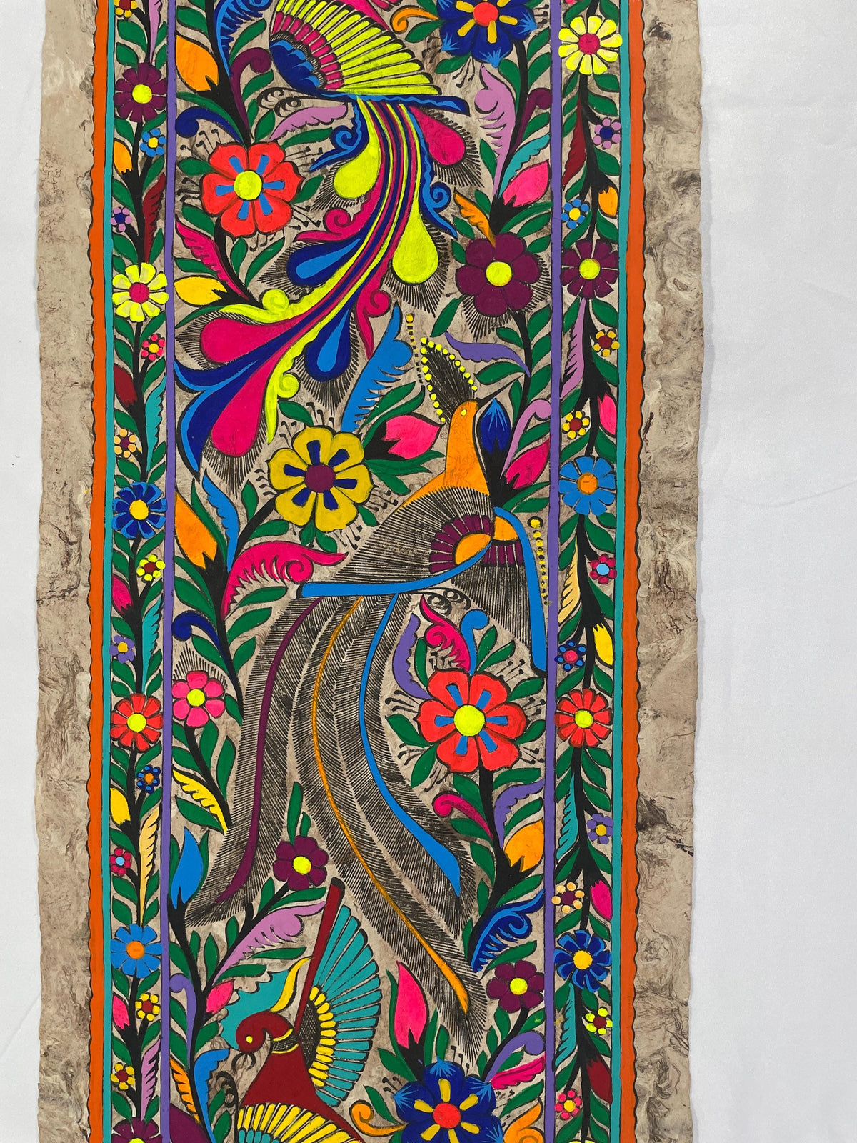 Arte Mexicano de Aves Exóticas sobre Papel Amate, Pintura Hecha a Mano, Decoración de Pared de Lujo/Obra Original 120 cm x 40 cm (Sin Marco)