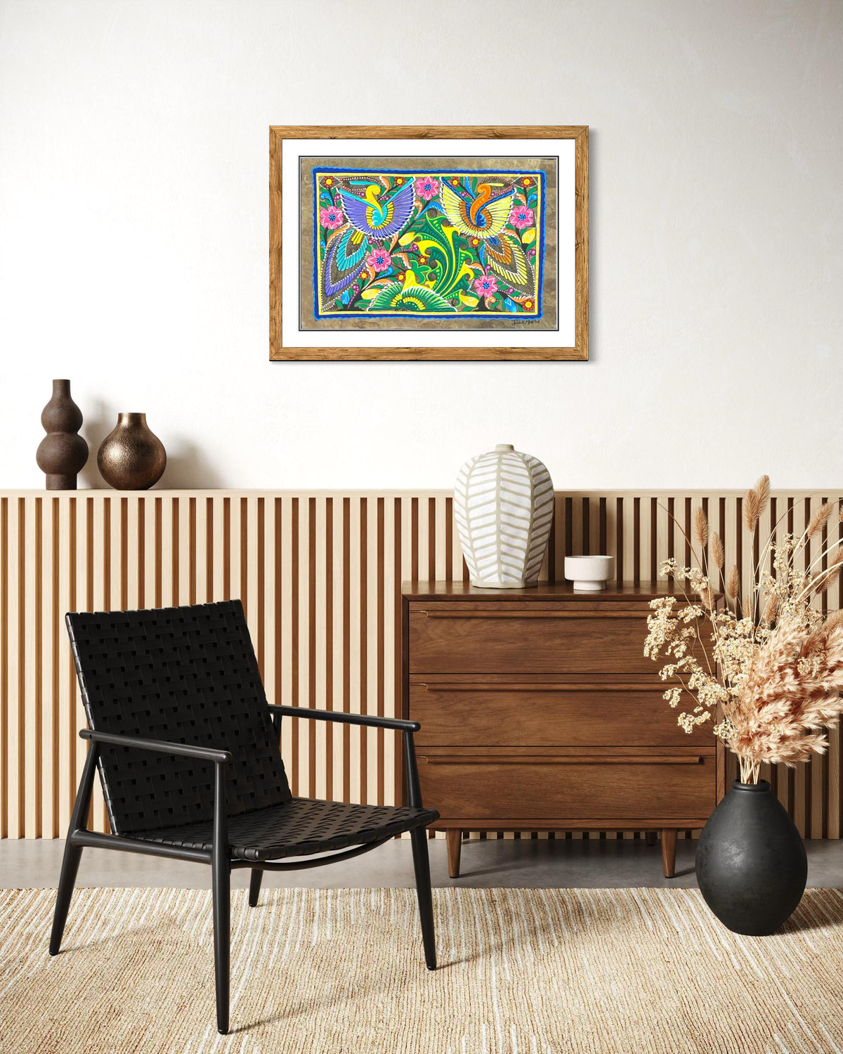 Pintura Tradicional Mexicana sobre Papel Amate Hecho a Mano, Arte Otomi Original con Aves y Flores, Obra Única de Colección (Sin Marco)