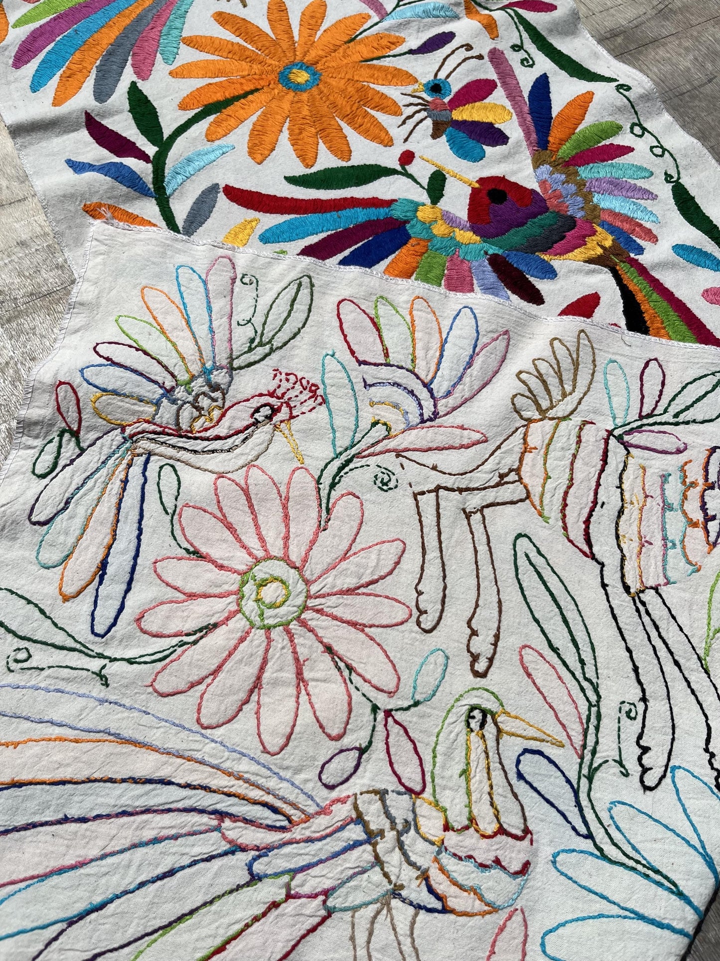 Enorme Bordado Tenango Hecho a Mano en Multicolor-Tapizado Otomi XXL 185 cm x 42 cm (SIN MARCO)