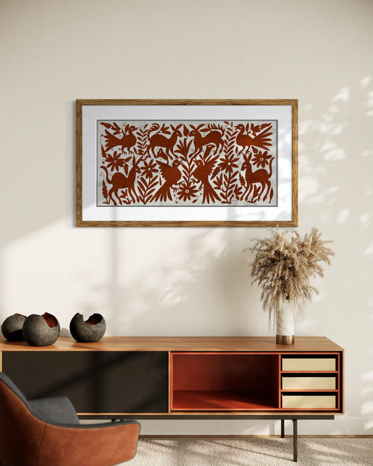 Gran Bordado Tenango Hecho a Mano-Bordado Otomí  en Color Ladrillo XL 95 cm x 45 cm-Tapizado Mexicano Moderno (SIN MARCO)