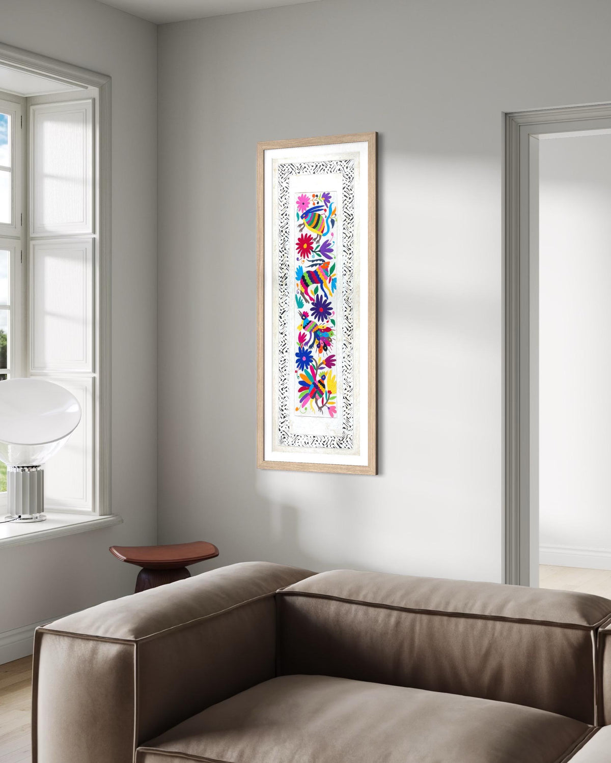 Arte Mural Mexicano en Papel Amate con Bordado de Tenango Hecho a Mano- 120 cm x 40 cm-Arte Bordado Otomí Moderno (SIN MARCO)